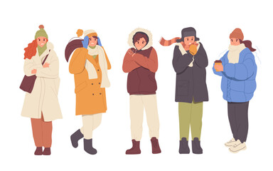 Unhappy freezing people characters wearing warm winter clothes trembling feeling cold and unwell set