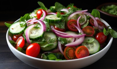  a salad with cucumbers, tomatoes, onions and lettuce.  generative ai
