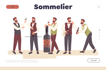Landing page with friendly smiling sommelier holding glasses and bottle filled alcohol drinks - obrazy, fototapety, plakaty