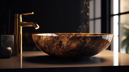 Ultra modern house natural dark marble with gold flecks  bathroom sink. Generative AI