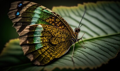  a close up of a butterfly on a leaf with a black background.  generative ai
