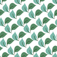 Seamless pattern with green leaves. Floral geometric print with two repeating elements. Simple foliage. Vector illustration for wrapping, fabric, textile, packaging