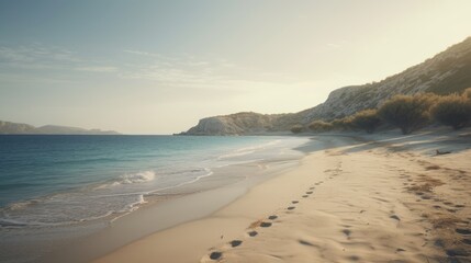 Fototapeta na wymiar Beautiful landscape of a beach with clear blue water and white sand, Generative AI
