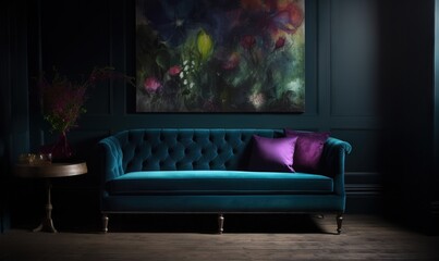  a blue couch with a purple pillow in a dark room.  generative ai