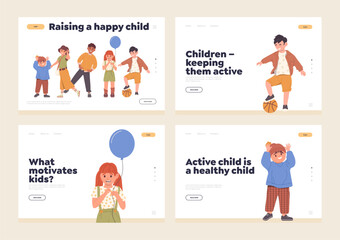 Landing page with active children design template for online service teaching happy smart kids