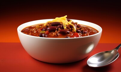  a bowl of chili with a spoon on a red table.  generative ai