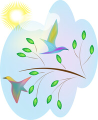 Fototapeta na wymiar two birds fly over a branch with green leaves under the sun in spring
