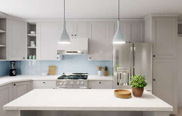 Spacious bright kitchen with a blue apron and blue chairs. 3d rendering.