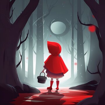 Enchanting and atmospheric illustration of Little Red Riding Hood walking through a dark and mysterious forest, captivating fairy tale story. Created by generative AI