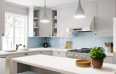 Spacious bright kitchen with a blue apron and blue chairs. 3d rendering.