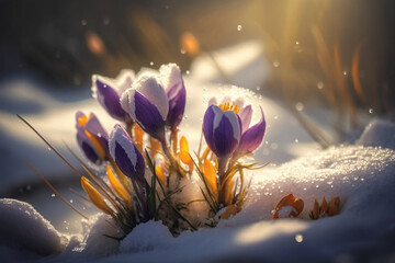 Crocuses - blooming purple flowers making their way from under the snow in early spring, closeup with space for text. Generative AI