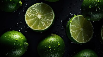 Fresh green limes with drops of water on a black background