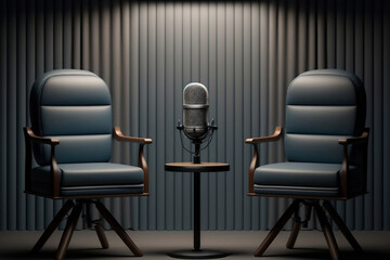 two chairs and microphones in podcast or interview room isolated, generative ai
