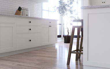 Large white kitchen with island and all necessary appliances. 3d rendering.