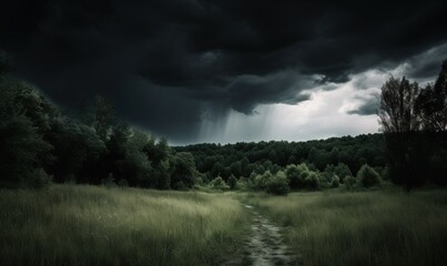  a dirt road in a field with a storm in the background.  generative ai