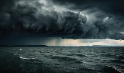 Obraz premium a storm is coming over the ocean with a boat in the foreground. generative ai
