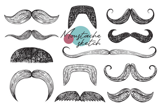 Hand drawn sketch doodle vector moustache set, photo booth props.