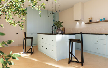 Fototapeta na wymiar Modern spacious bright kitchen with sunlight and dark accents. 3d rendering