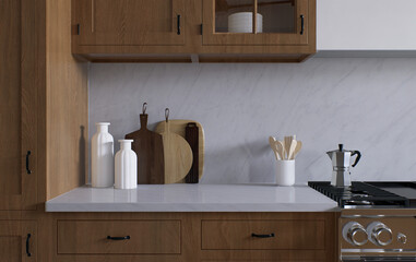 Spacious wooden kitchen with white marble. 3d rendering.