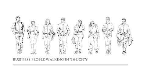 Sketch. Group of business people walking in the city. Collection of silhouettes for your project. Front view