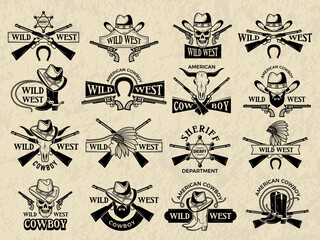 Wild west badges. Cowboy and sheriff symbols guns and bullets retro old style cap recent vector wild west logo template