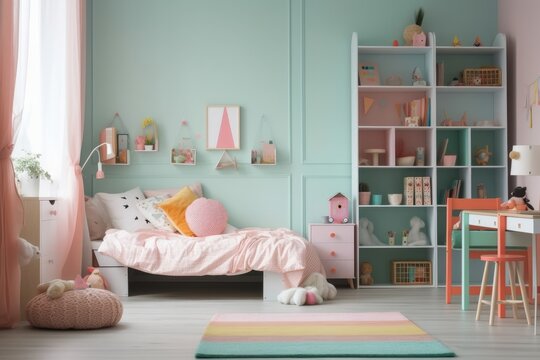 cozy and organized child's bedroom with essential furniture. Generative AI