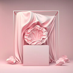 Abstract Garden Mock up 3D: Feminine Spring and Summer Pastel Pedestal Showcase with Nature Rose Flower Blossom and Pink Cloth Podium for Beauty Product and Cosmetic Promotion. Generative AI