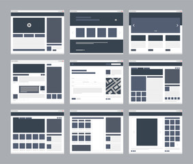Web wireframes. Landing templates, website pages layouts, email video benefits setting company information blog webpages html form responsive designs