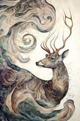 the deer is drawn in water color, with warm nuances, an old concept. Generative AI