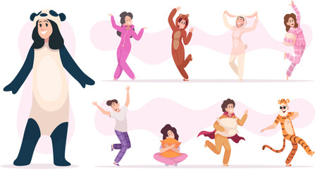 Pajamas people. Happy characters playing in sleeping funny clothes exact vector pictures set