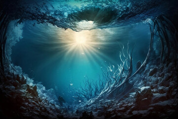 sunlight penetrates the deep ocean, underwater view with coral, serenity feel, harmony concept. Generative AI