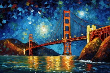 A vibrant Golden Gate Bridge as seen from the shore becomes a surreal Van Gogh-style landscape.