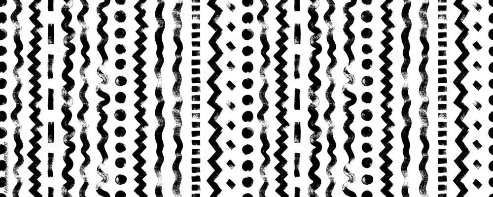 Poster hand drawn whimsical seamless pattern with different vertical lines. textured organic vertical brush