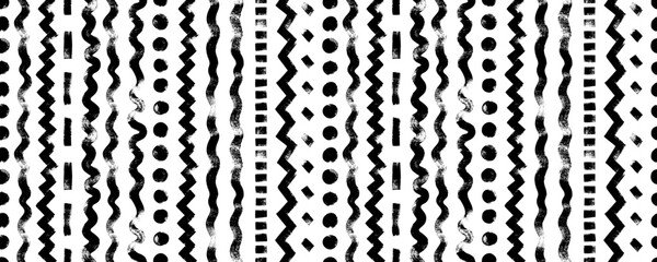 Hand drawn whimsical seamless pattern with different vertical lines. Textured organic vertical brush strokes, zigzags, curved lines and dots. Grunge vector stripes. Tribal motif ornament. 