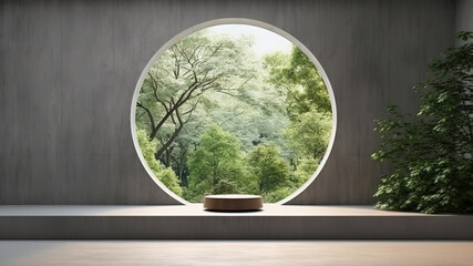 Empty concrete room with large circle window and round podium for product presentation on nature background (AI Generated)