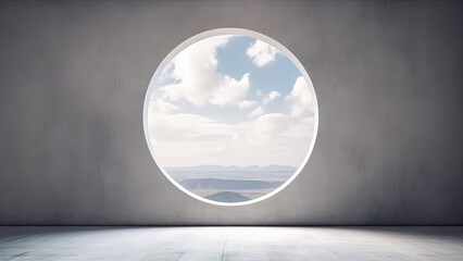 Empty concrete room with large circle window and round podium for product presentation on nature background (AI Generated)