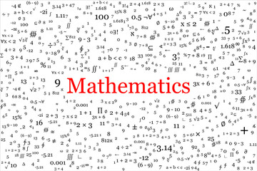 Mathematical symbols like operators, numerals, and expressions randomly scattered all around the banner with red title Mathematics in the middle. The background is white.