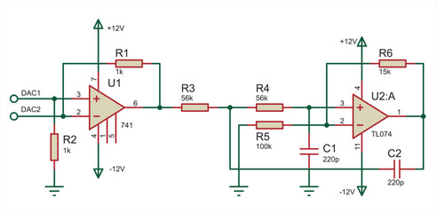 Schematic diagram of electronic device.
Vector drawing electrical circuit with operational amplifier,  resistor, capacitor 
and other electronic components.