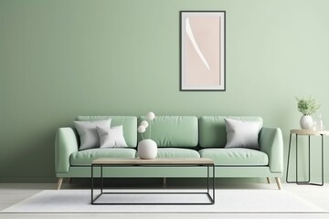 interior background cosy modern green lounge light stylish brick sofa wall three-dimensional. Generative AI.