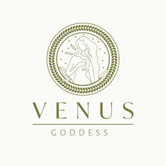 Venus goddess logo design. Goddess vector logotype. Beauty and art industry logo template. Goddess of beauty, carnal love, desire, fertility and prosperity.