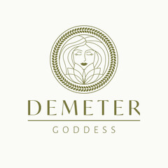 Demeter goddess logo design. Greek goddess vector logotype. Beauty and art industry logo template. Goddess of fertility, the patroness of agriculture