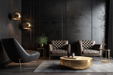 modern living room with black walls and leather furniture. Generative AI