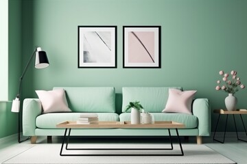 interior room living mint modern cushion indoor light lounge brick. Generative AI.