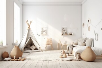 Fototapeta na wymiar cozy living room with a teepee as the centerpiece. Generative AI