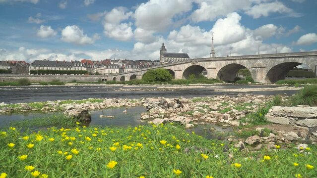 Blois and The Jacques-Gabriel Bridge, with the cathedral behind, over the Loire river, France