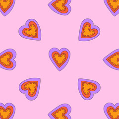 1970 psychedelic seamless pattern. 1970s good vibes hearts ornament. 1960 retro Valentine. Hippie peace and love. Funky and groove card. Trippy art.Hippie wallpaper background poster	