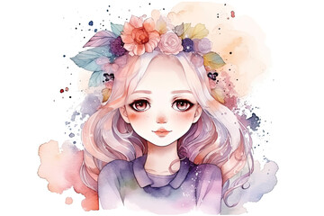 cute girl anime kawaii watercolor Ilustration