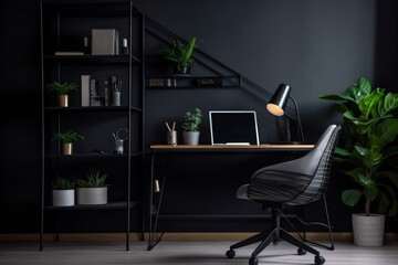 interior background wooden office stylish shelf gray trendy workspace shelves table dark. Generative AI.