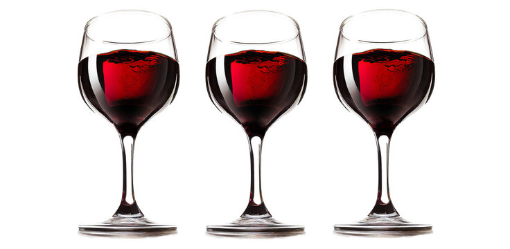 Three glasses of red wine on white background, simplicity and elegance. Free copy space. Generative AI
