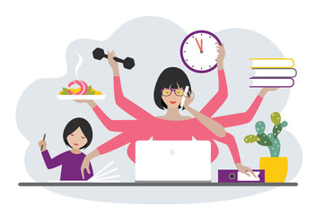 Multitask woman. Mother, businesswoman with child, working, coocking and calling. Flat vector. - 588132775